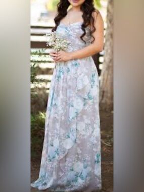 David's Bridal Light Gray Strapless Maxi Dress with Teal /blue Floral Print